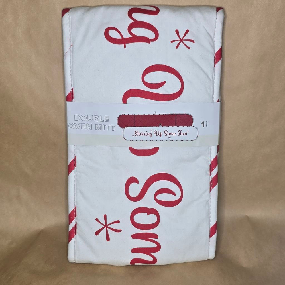 Unbranded White Red Christmas Double Oven Mitt 36"x7" Stirring Up Some Fun, Red